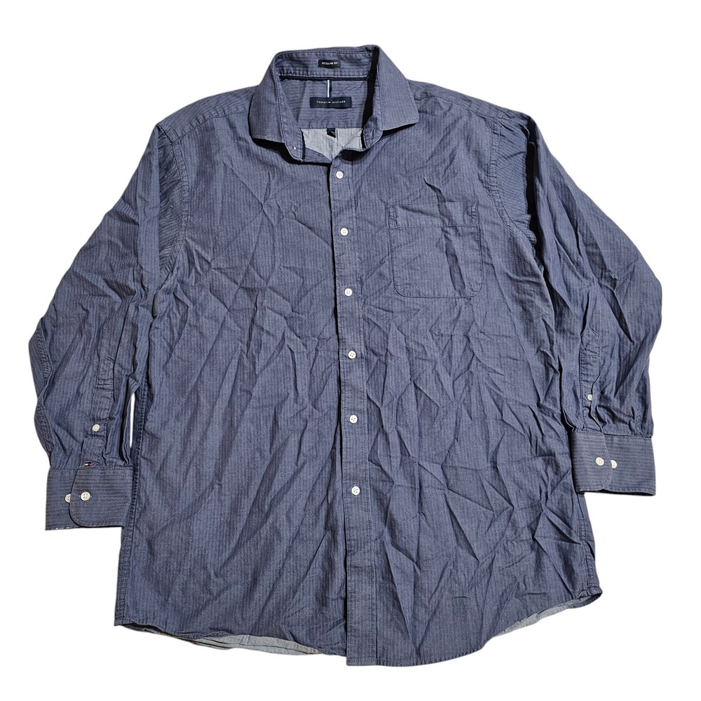 Tommy Hilfiger Herringbone Dress‎ Shirt Blue Regular Fit LS Large 16-16.5, 32-33